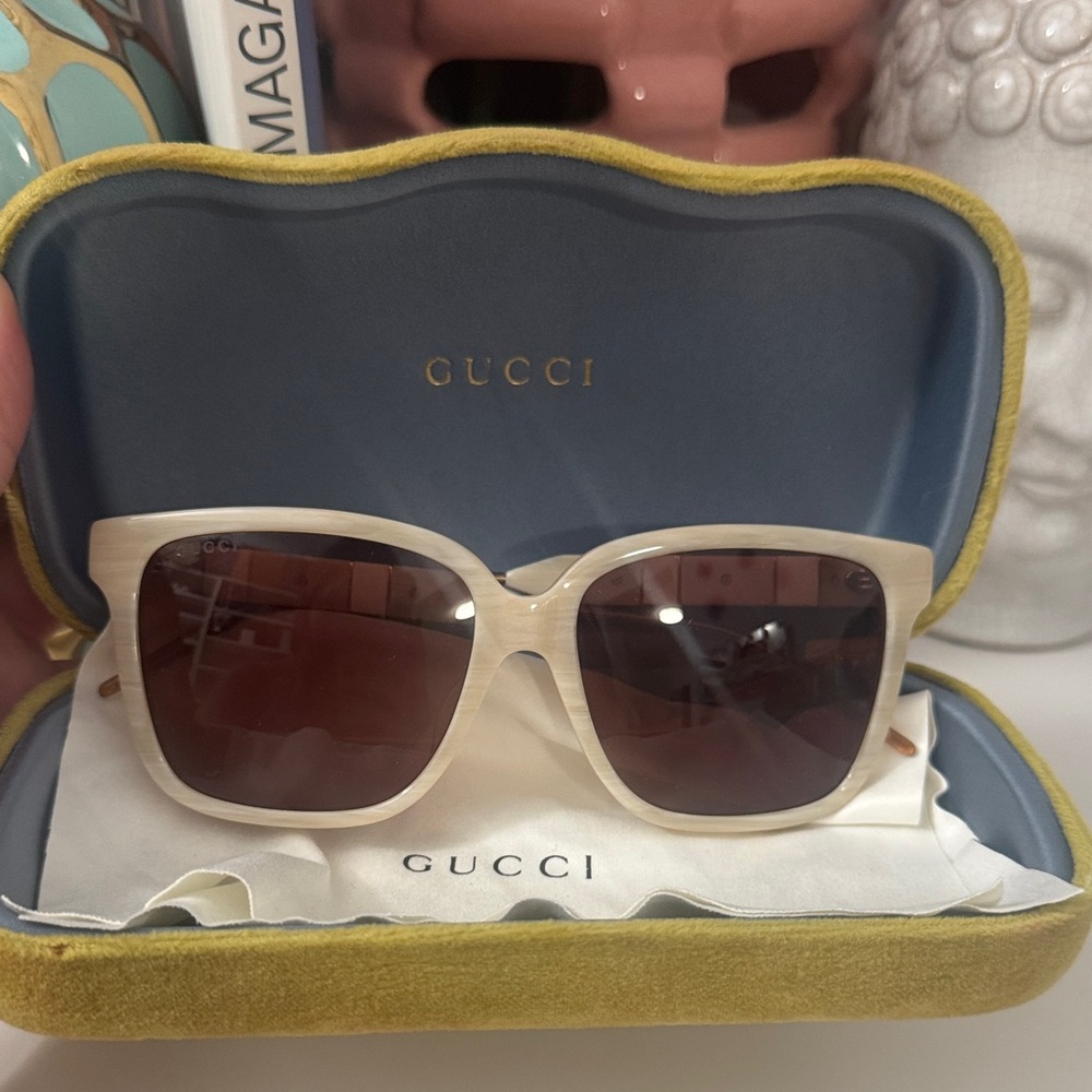 Gucci Women's Cream Sunglasses with Dark Brown Lenses